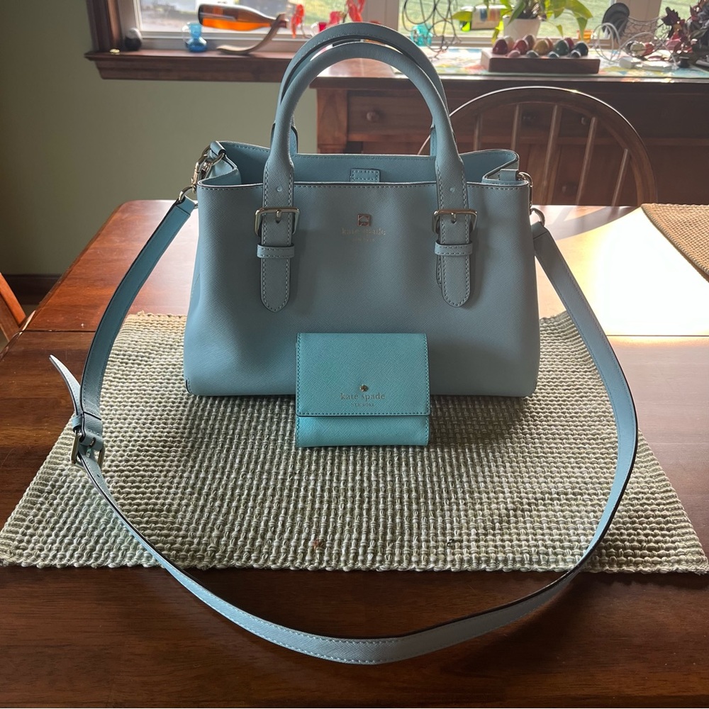 Kate Spade purse with wallet, robin egg blue, rarely used, handles or strap.